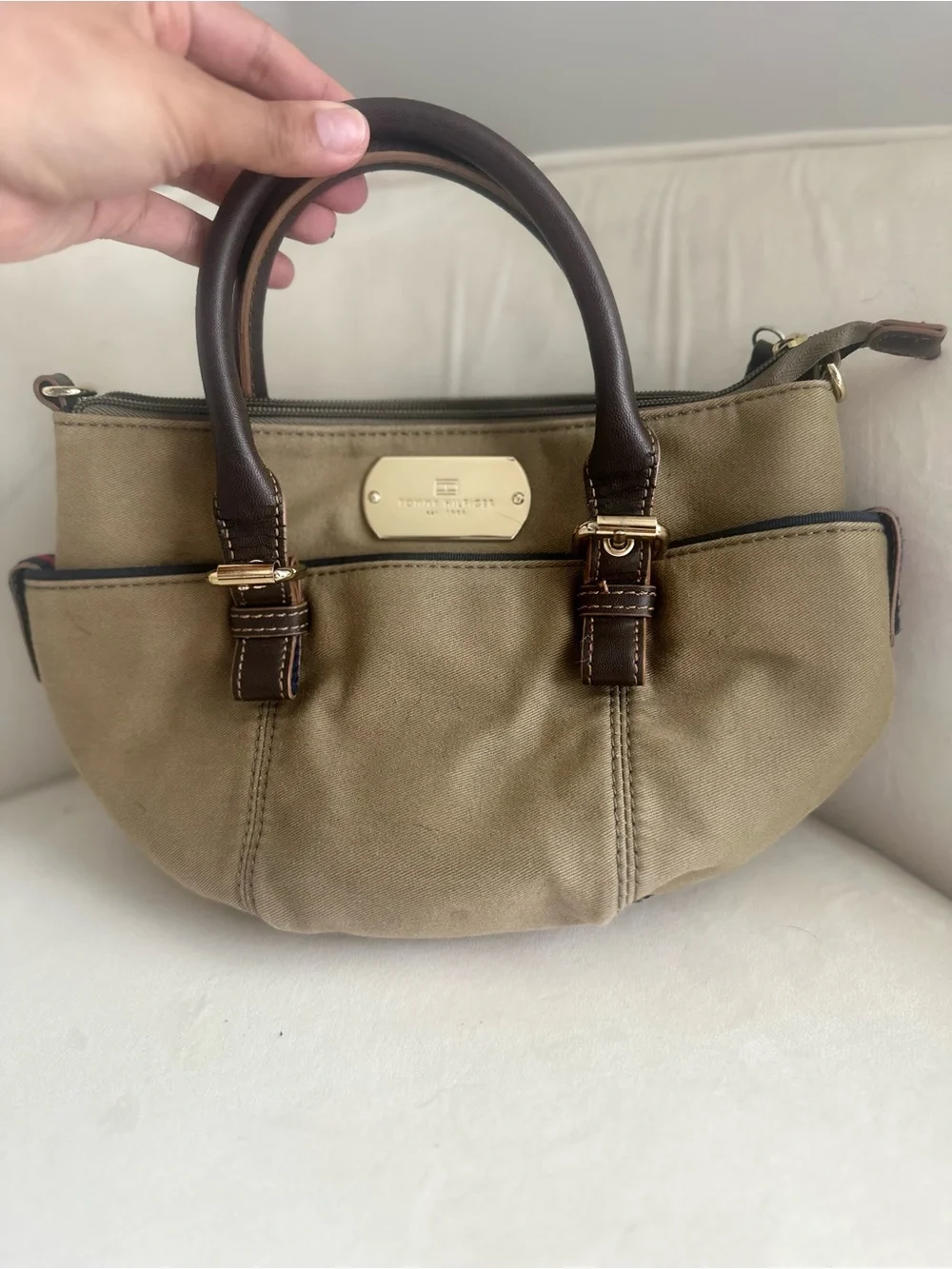 Tommy Hilfiger Olive Green Satchel with Dark Brown Handles & Gold Hardware